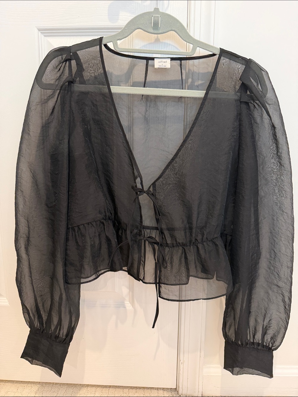 Small Wilfred ARITZIA Sheer Black Tie-Front Peasant Blouse - Women